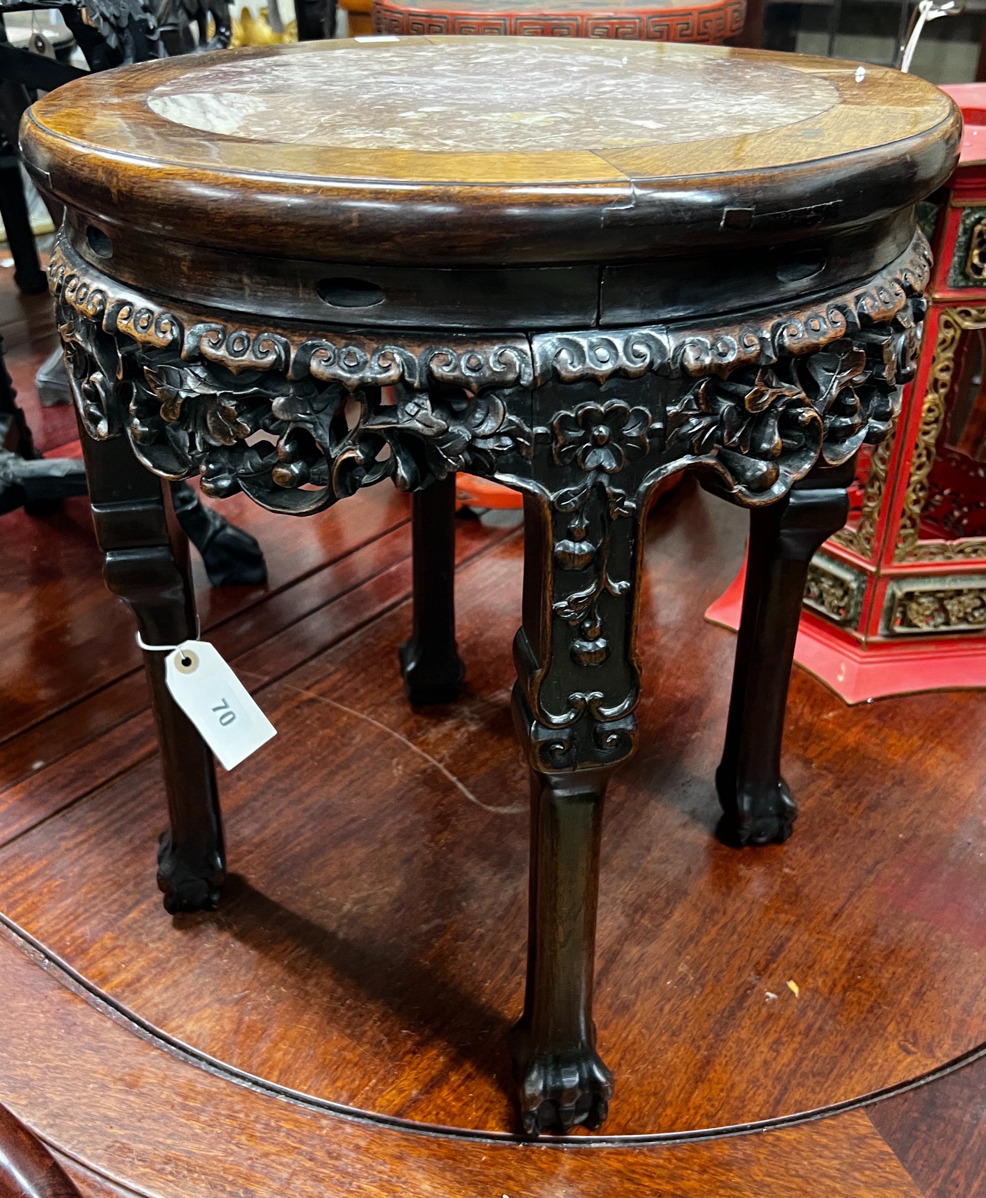 A Chinese circular marble top hongmu vase stand, diameter 41cm, height 48cm